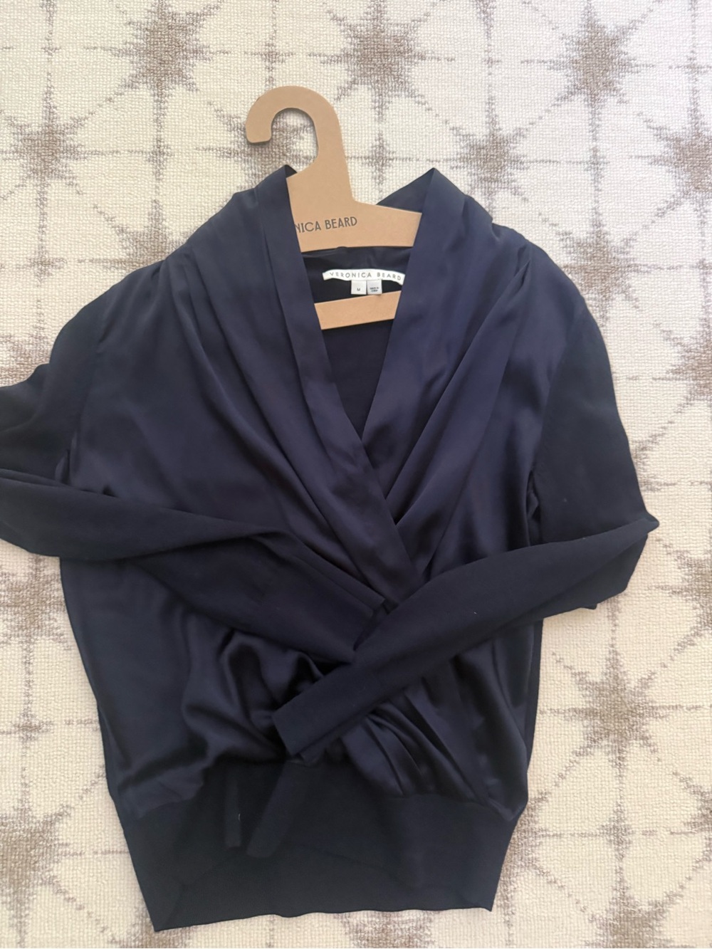 Veronica Beard Navy Draped Crossover V-Neck Sweater